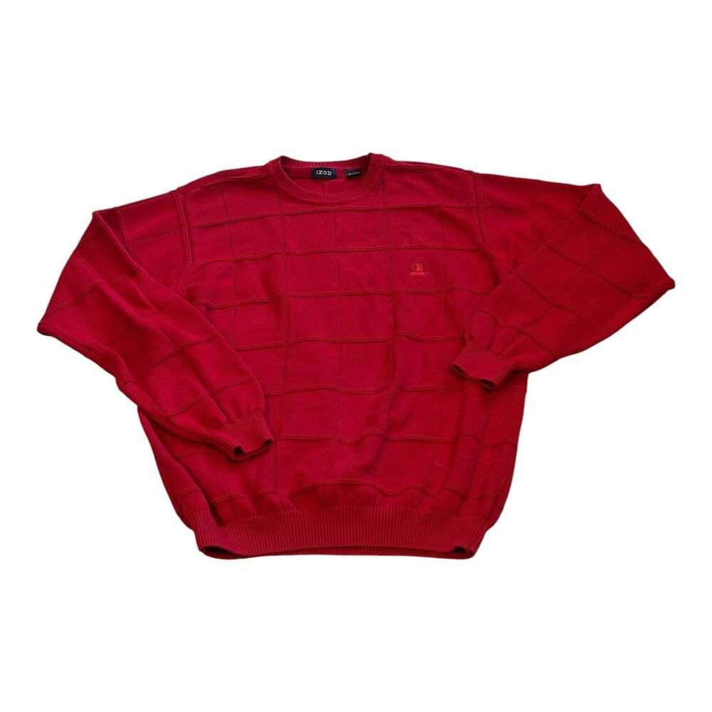 IZOD Men's Large Red Grid Textured Knit Crewneck Pullover Sweater Cotton Y2K